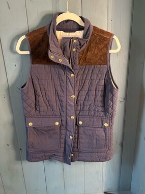 Vineyard Vines Quilted Navy Blue Vest with Brown Suede Shoulder Panels | Small